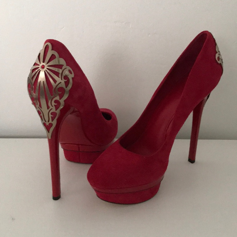 B. Brian Atwood red suede platform pumps